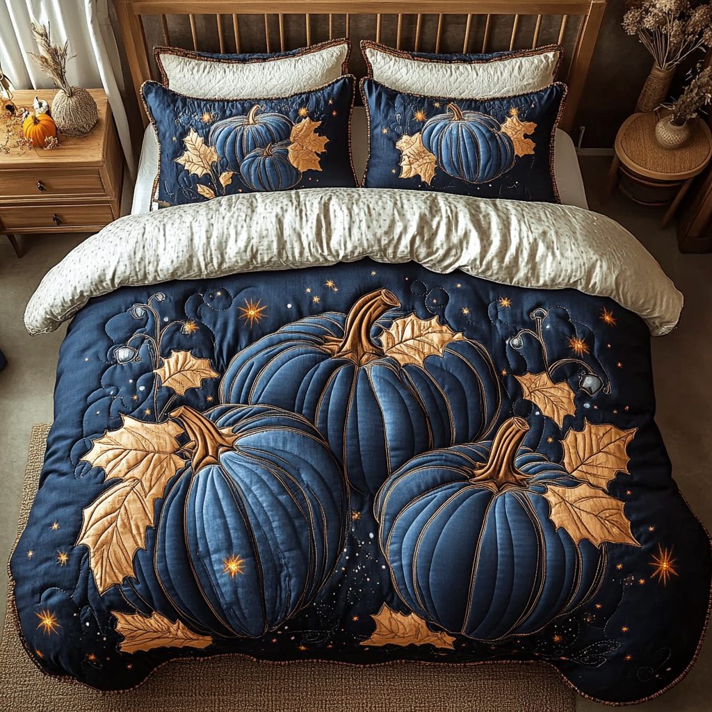 Autumn Pumpkin quilted 3-piece bedding set on a made bed against a dark styled interior