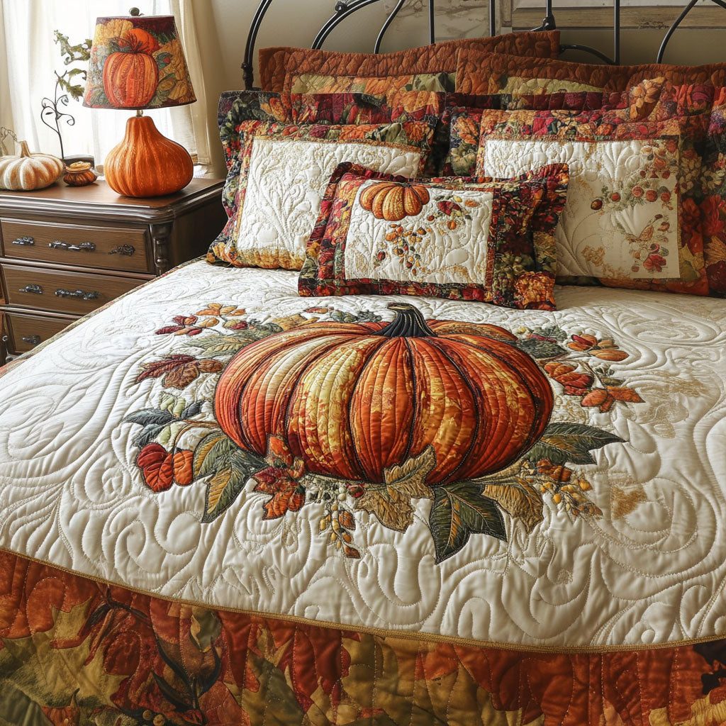 Autumn Pumpkin Spice quilted 3-piece bedding set on a made bed against a dark styled interior