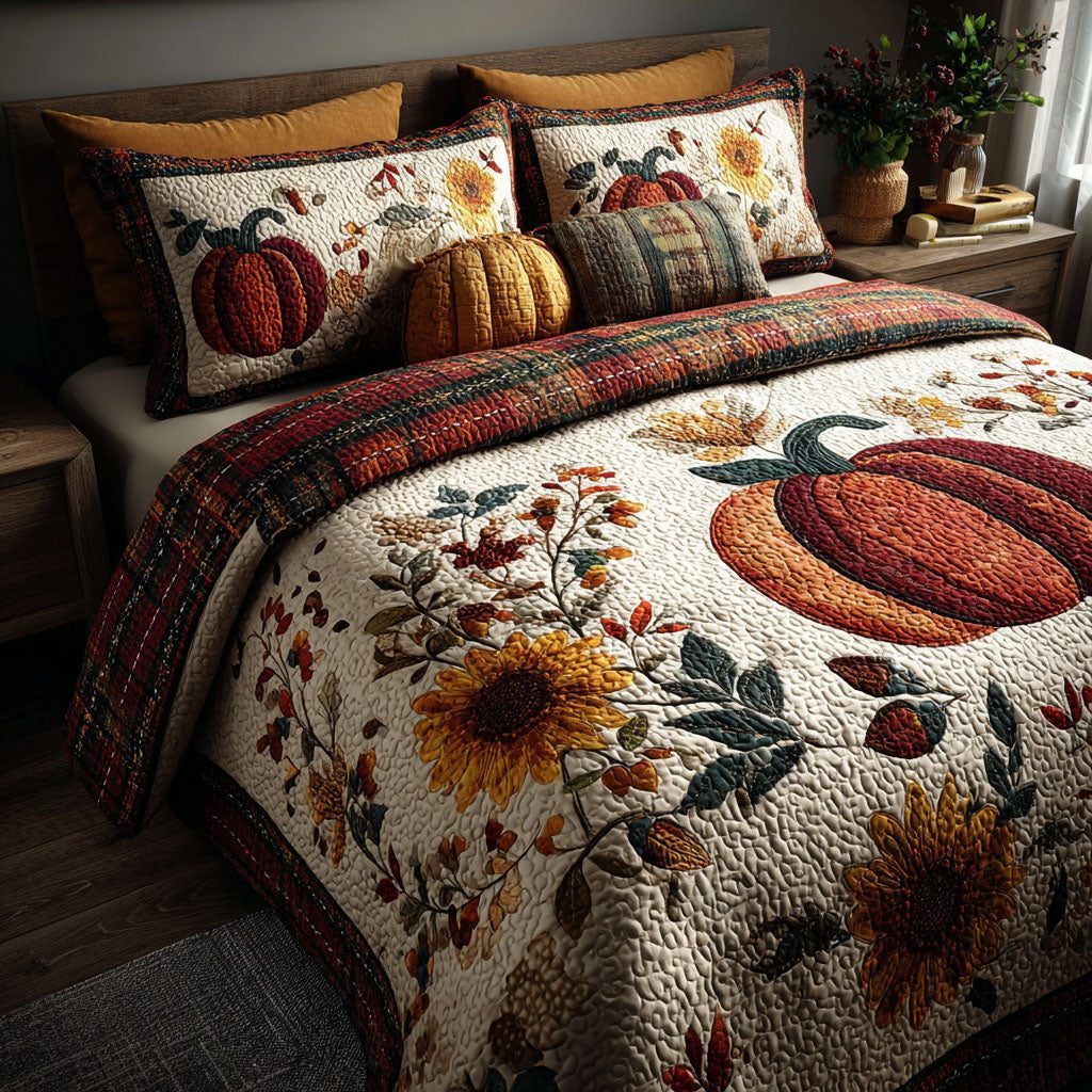 Autumn Pumpkin Whispers quilted 3-piece bedding set on a made bed against a dark styled interior