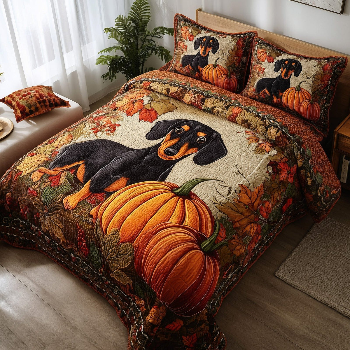 Autumn Pup Haven quilted 3-piece bedding set on a made bed with two matching pillow shams