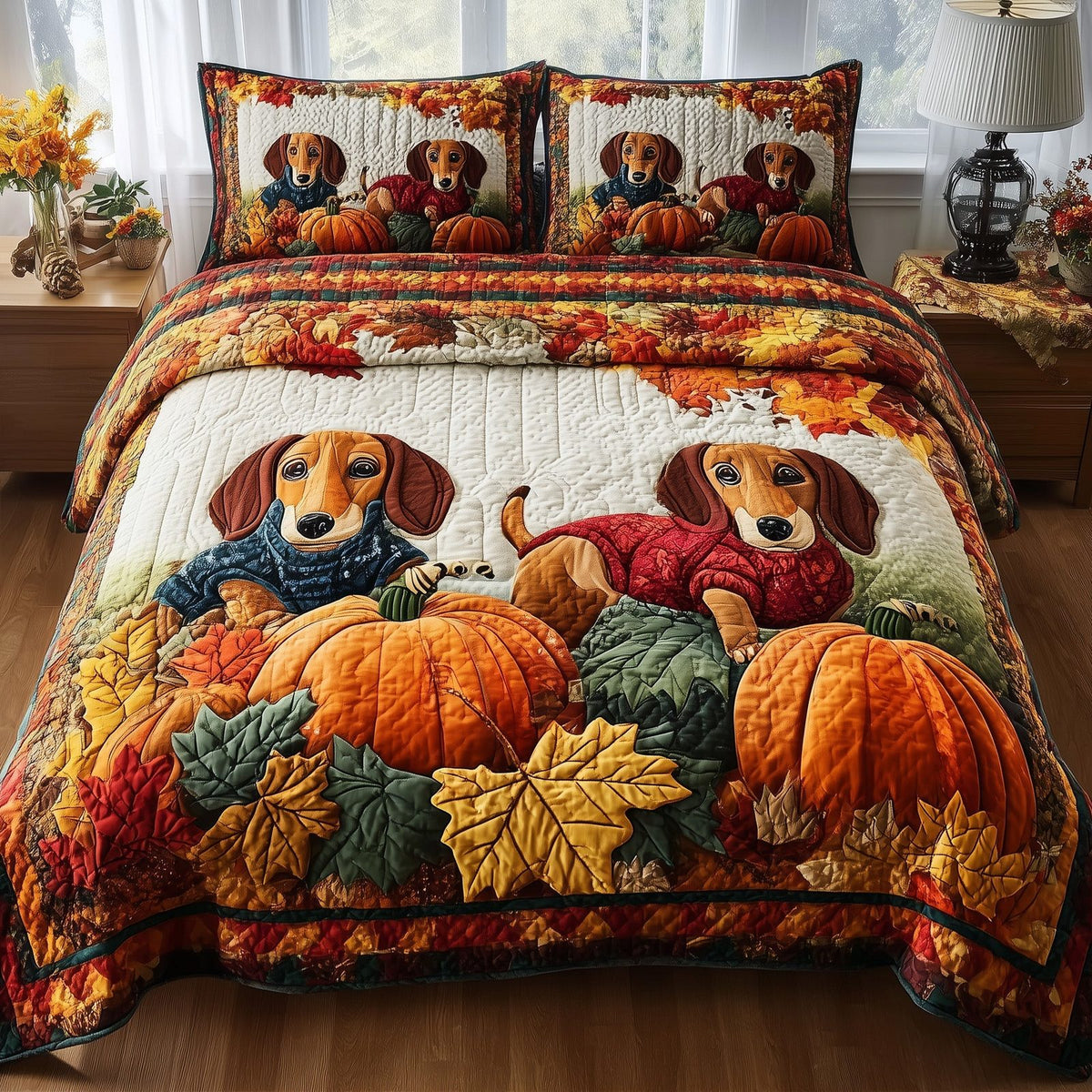 Autumn Pup Haven quilted 3-piece bedding set on a made bed with two matching pillow shams
