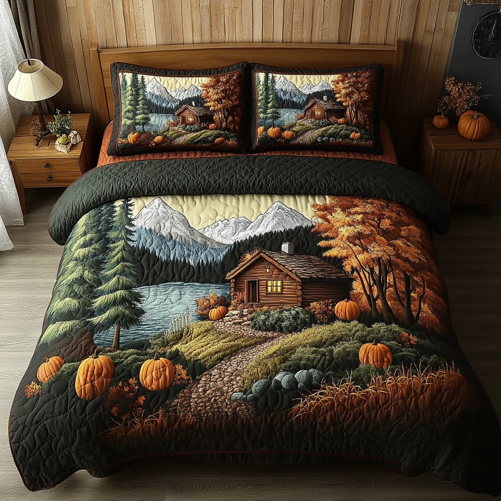Autumn Retreat quilted 3-piece bedding set on a made bed with two matching pillow shams
