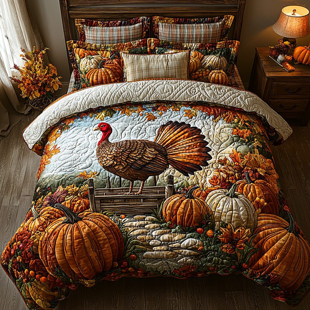 Autumn Roamer quilted 3-piece bedding set on a made bed with two matching pillow shams
