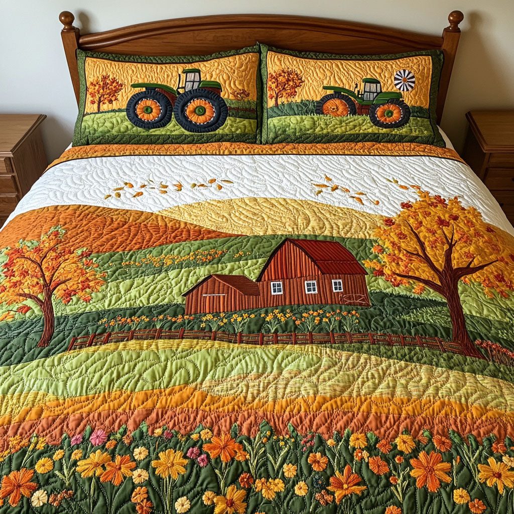 Autumn Serenity quilted 3-piece bedding set on a made bed with two matching pillow shams