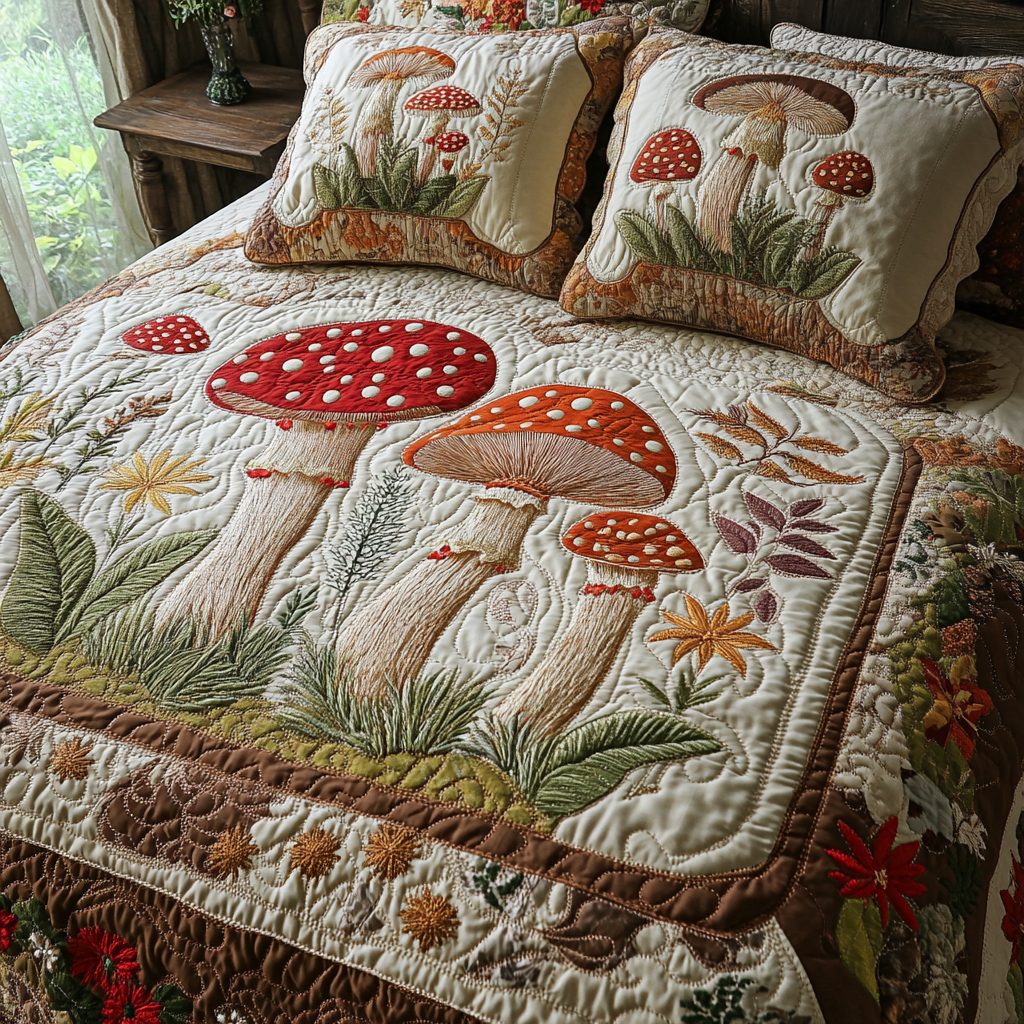 Autumn Shrooms quilted 3-piece bedding set on a made bed with two matching pillow shams