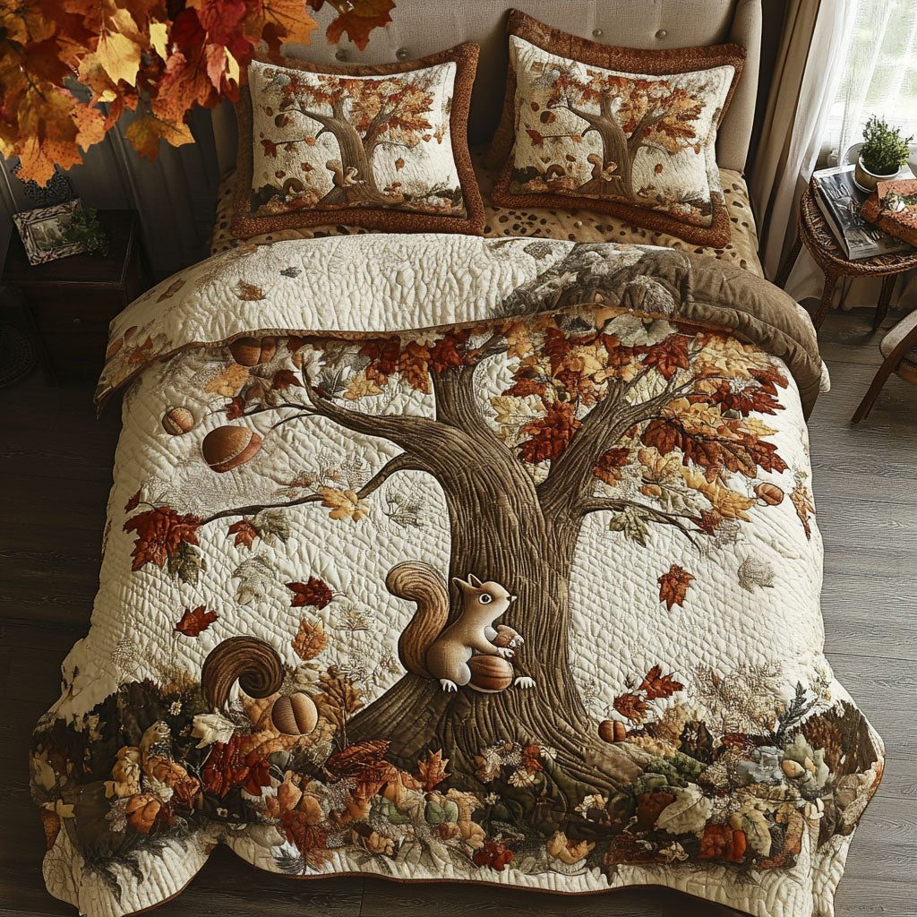 Autumn Squirrel Adventure quilted 3-piece bedding set on a made bed in a winter-styled bedroom