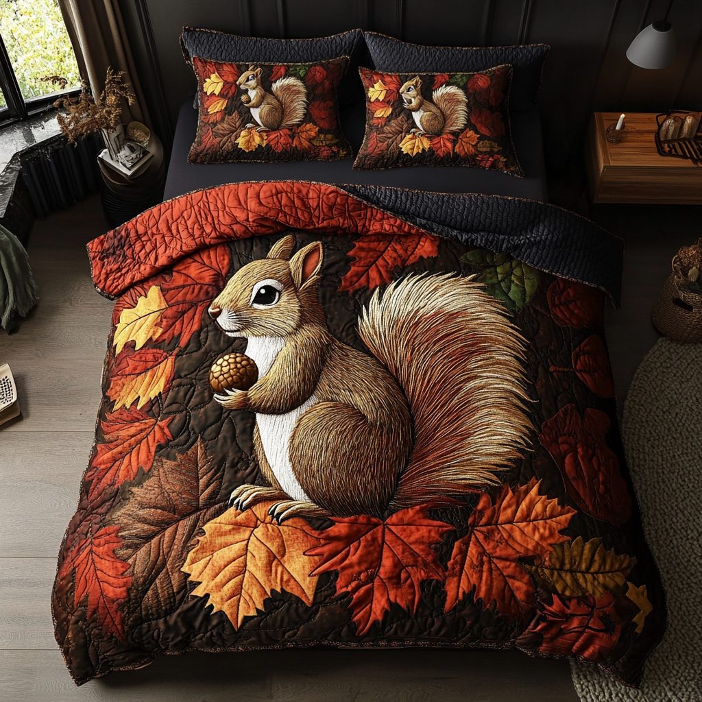 Autumn Squirrel quilted 3-piece bedding set on a made bed with two matching pillow shams
