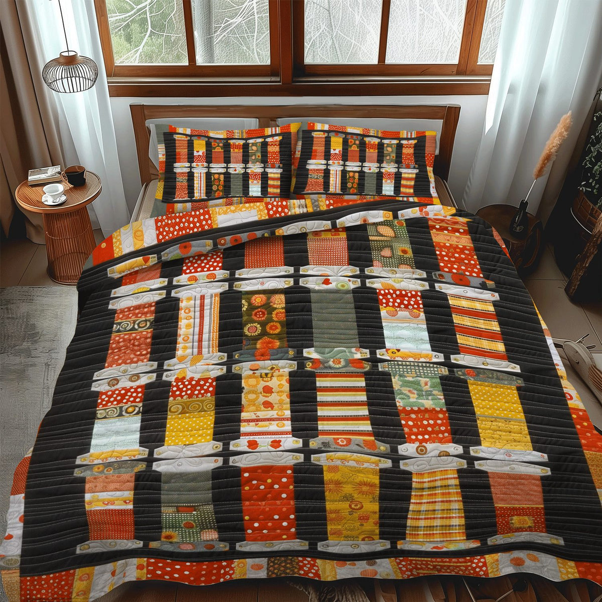 Autumn Threads quilted 3-piece bedding set on a made bed with two matching pillow shams