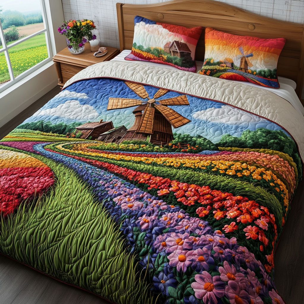 Autumn Trails quilted 3-piece bedding set on a made bed with two matching pillow shams