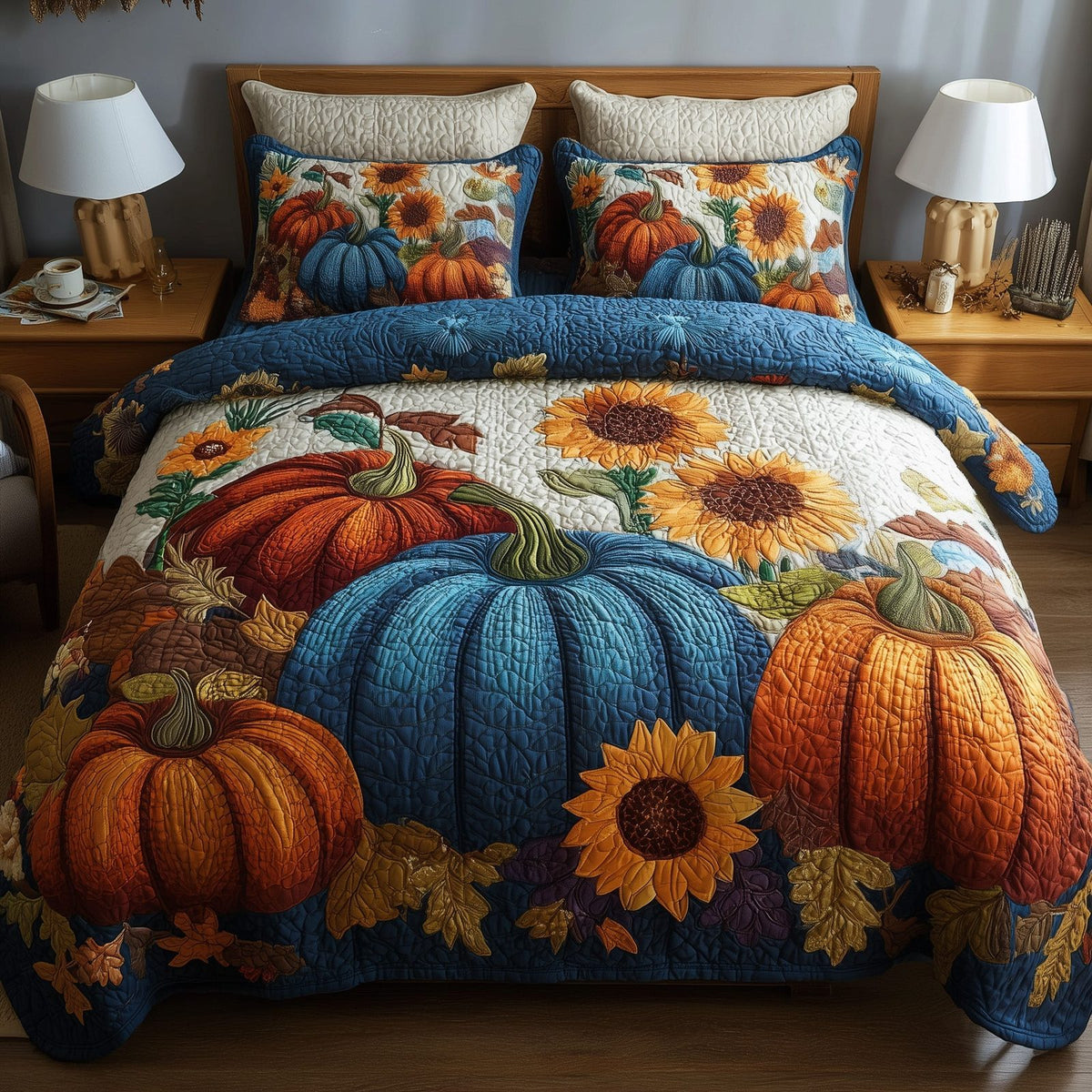 Autumn Vibe quilted 3-piece bedding set on a made bed with two matching pillow shams