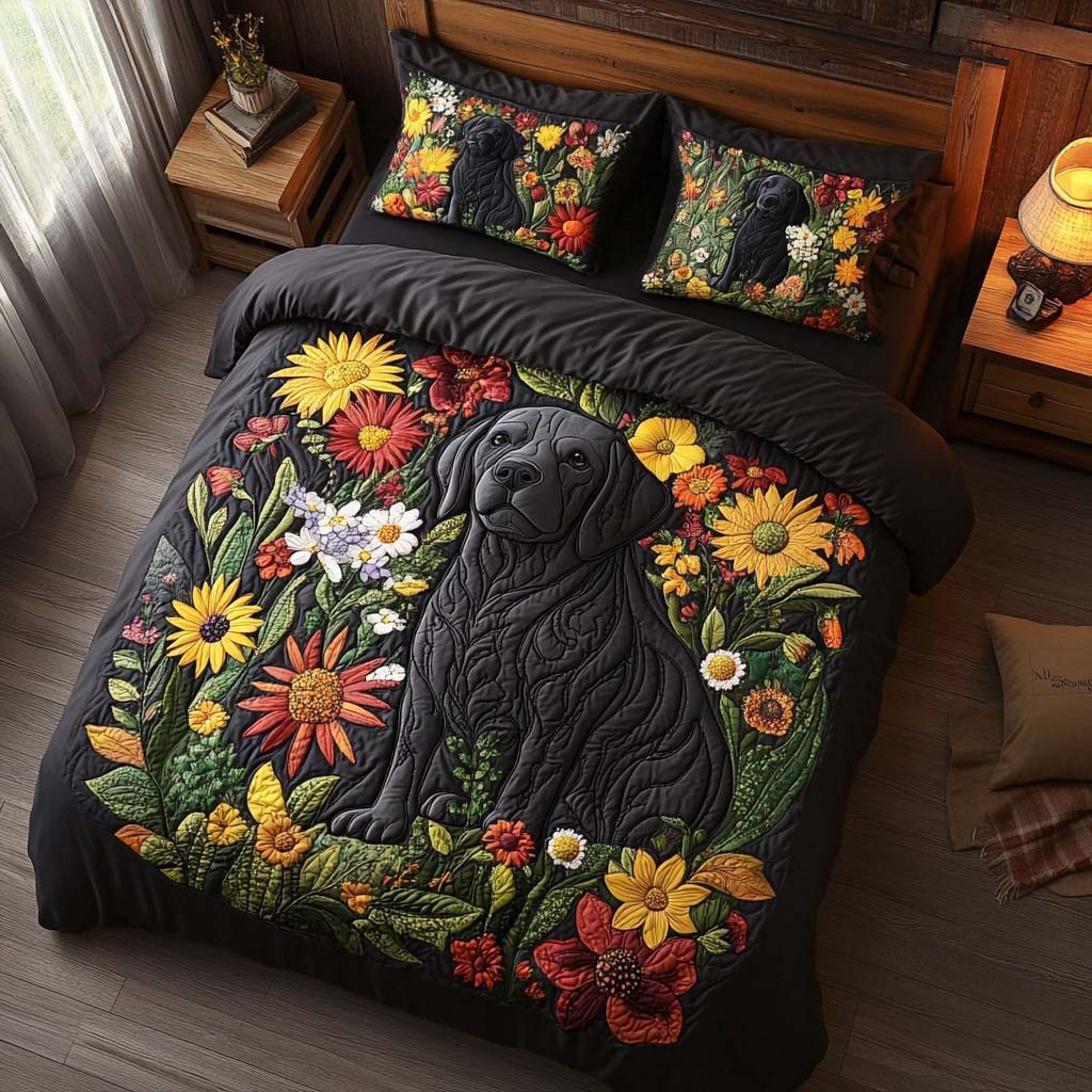 Autumn Watch quilted 3-piece bedding set on a made bed with two matching pillow shams