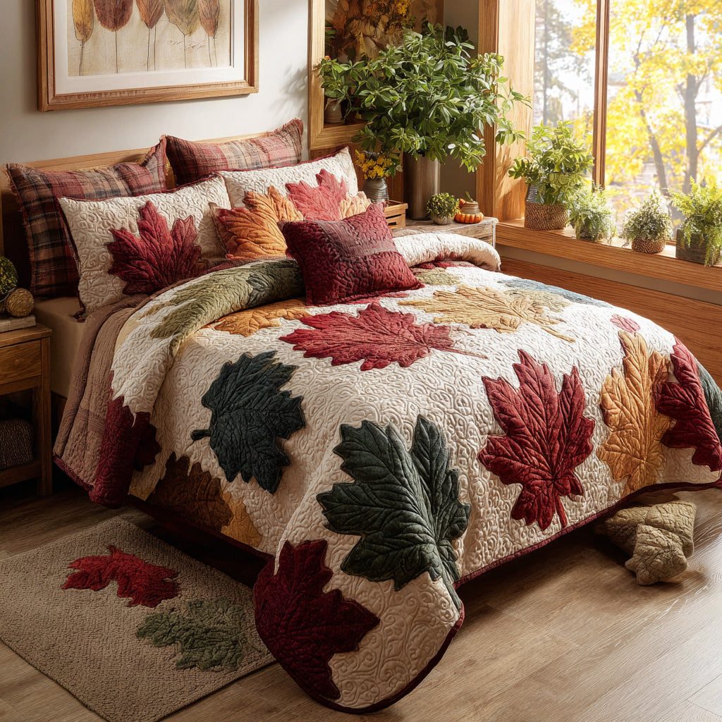 Autumn Whisper quilted 3-piece bedding set on a made bed with two matching pillow shams
