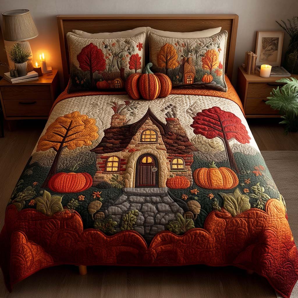 Autumn Winds quilted 3-piece bedding set on a made bed with two matching pillow shams