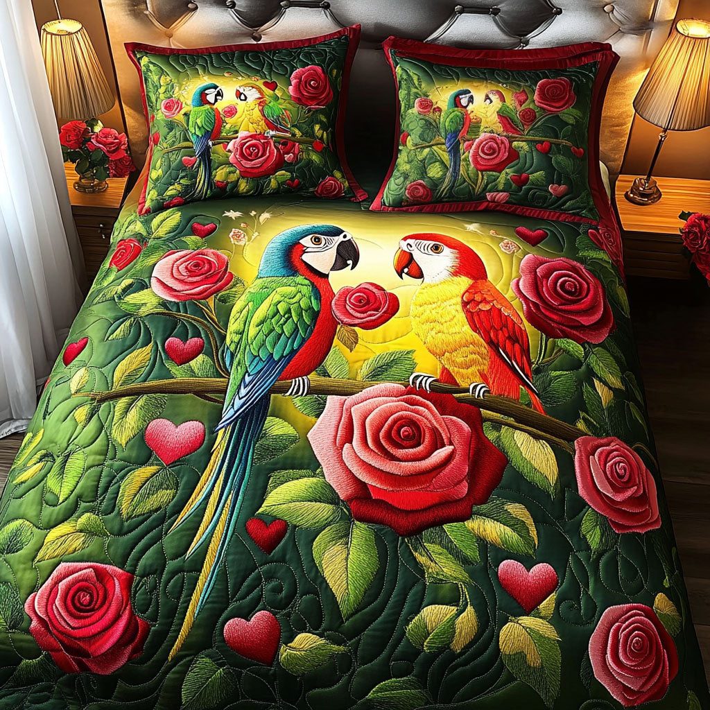 Avian Embrace quilted 3-piece bedding set on a made bed with two matching pillow shams