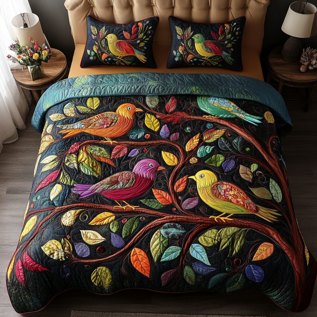 Aviary Dream quilted 3-piece bedding set on a made bed with two matching pillow shams