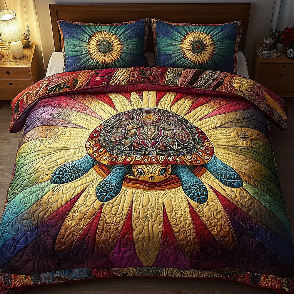 Awakening of the Sea Turtle quilted 3-piece bedding set on a made bed in a light coastal bedroom