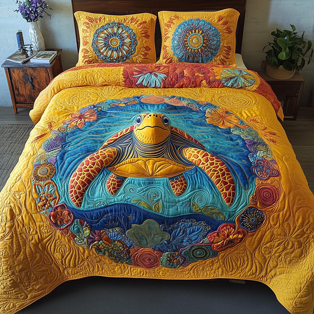 Awakening of the Sea Turtle quilted 3-piece bedding set on a made bed in a light coastal bedroom
