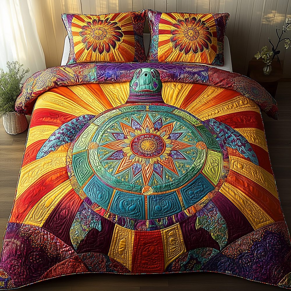 Awakening of the Sea Turtle quilted 3-piece bedding set on a made bed in a light coastal bedroom