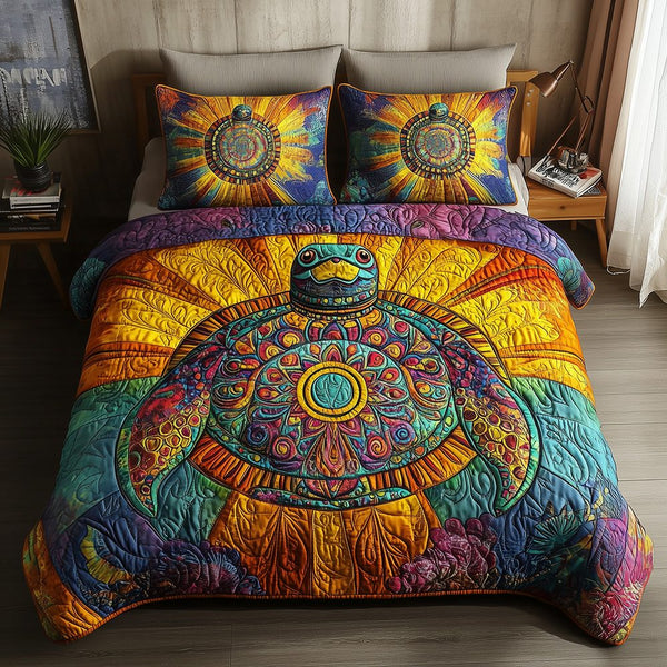 Awakening of the Sea Turtle quilted 3-piece bedding set on a made bed in a light coastal bedroom