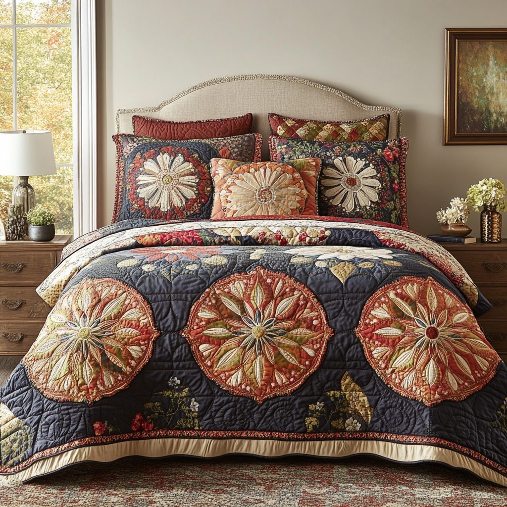 Azure Garden quilted 3-piece bedding set on a made bed with two matching pillow shams