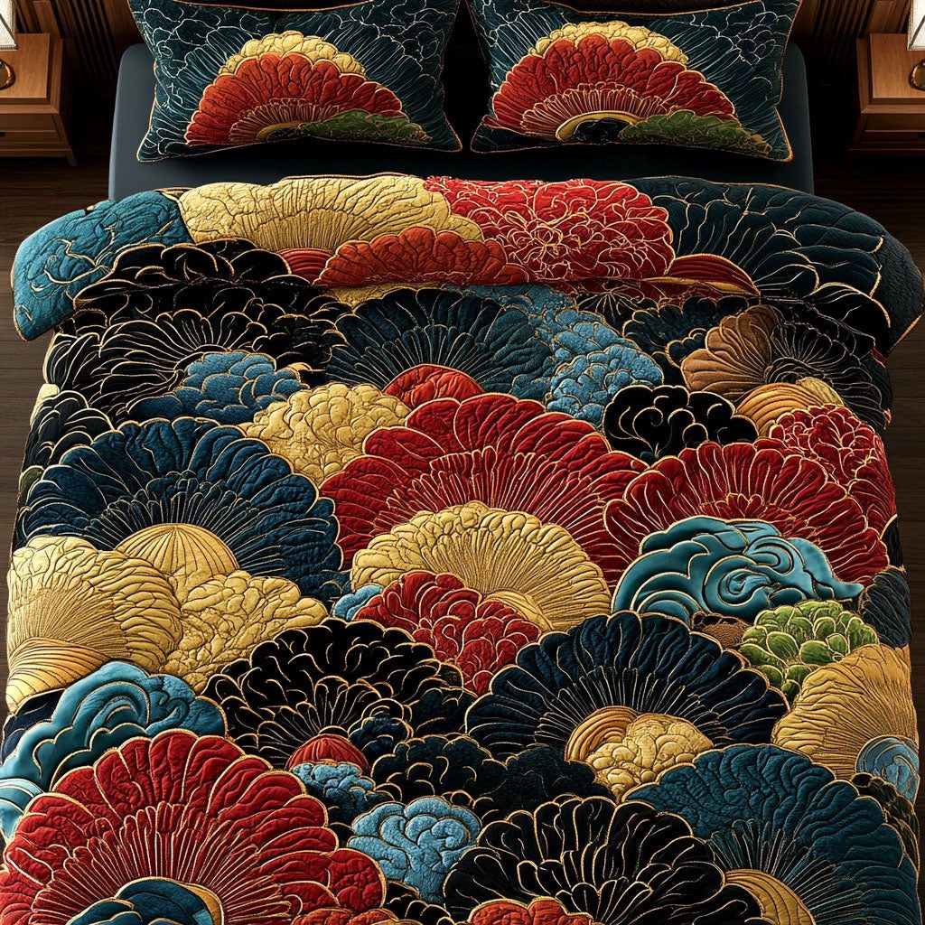 Azure Layers quilted 3-piece bedding set on a made bed with two matching pillow shams