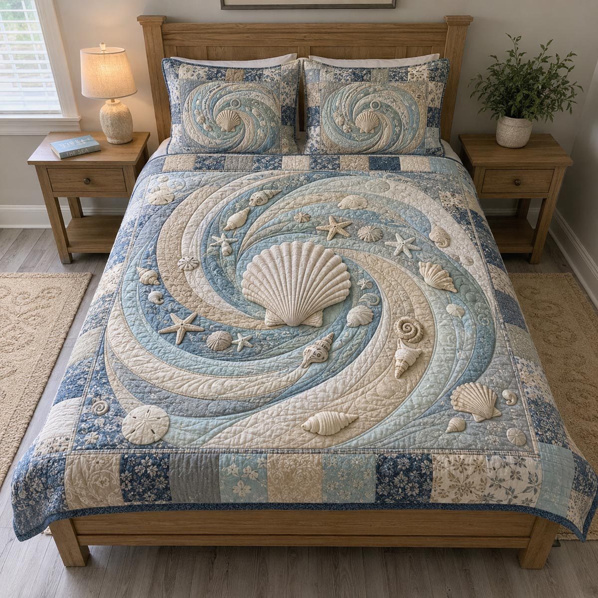 Azure Tide quilted 3-piece bedding set on a made bed in a light coastal bedroom
