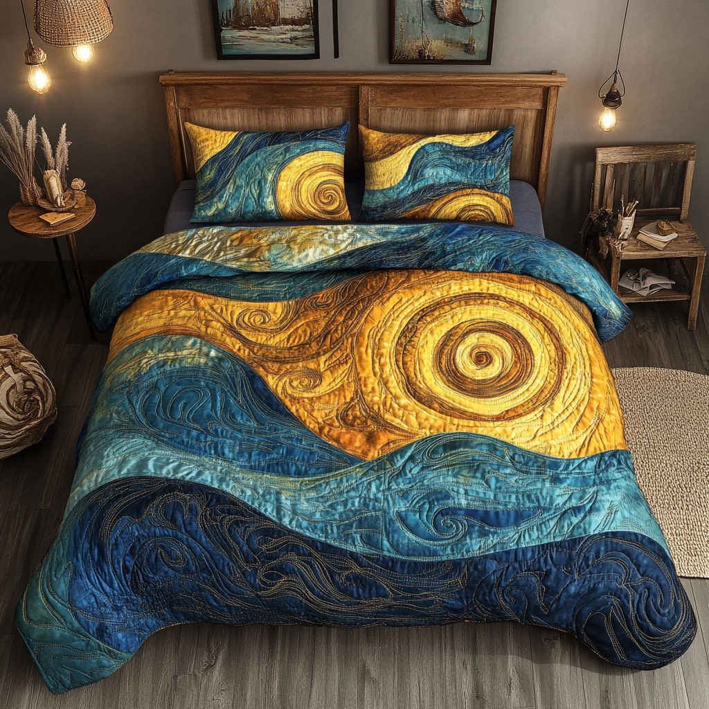 Azure Waves quilted 3-piece bedding set on a made bed in a light coastal bedroom