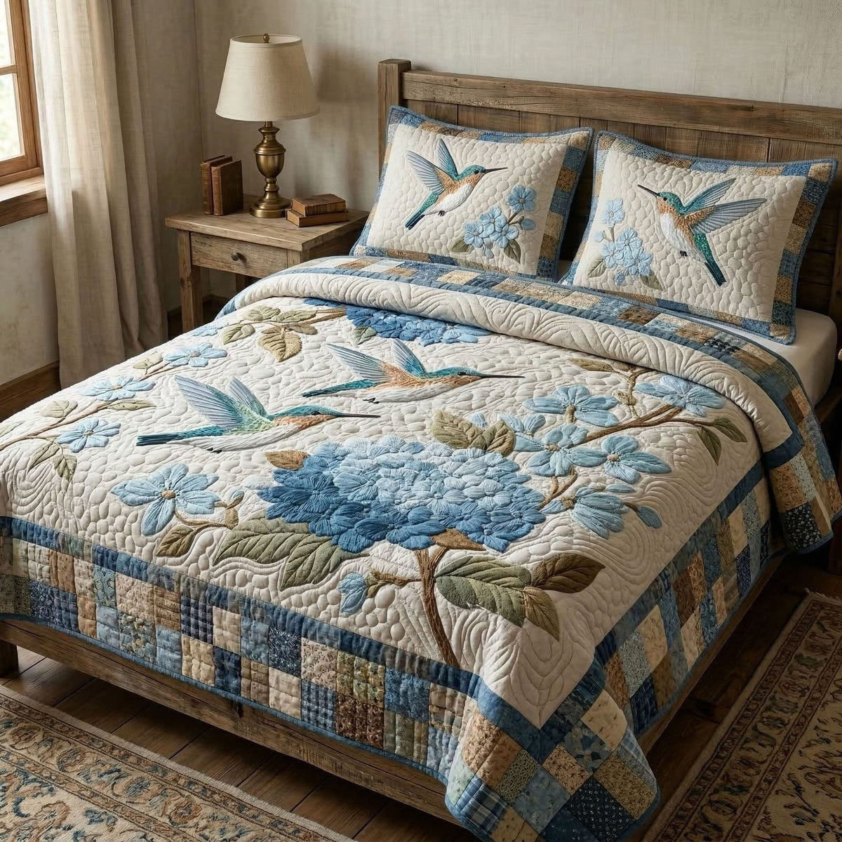 Azure Wings quilted 3-piece bedding set on a made bed with two matching pillow shams