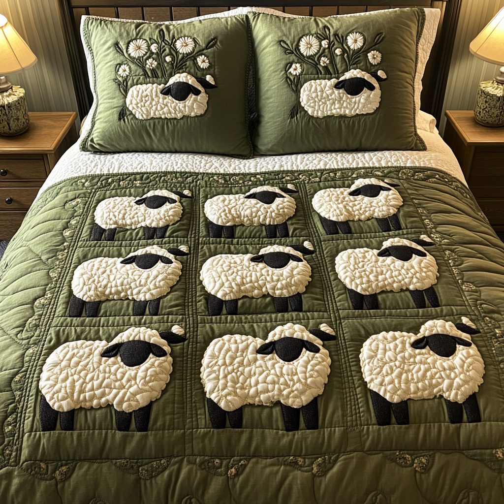Baa Blessing quilted 3-piece bedding set on a made bed with two matching pillow shams