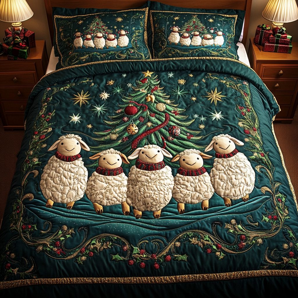 Baah Humbug quilted 3-piece bedding set on a made bed with two matching pillow shams