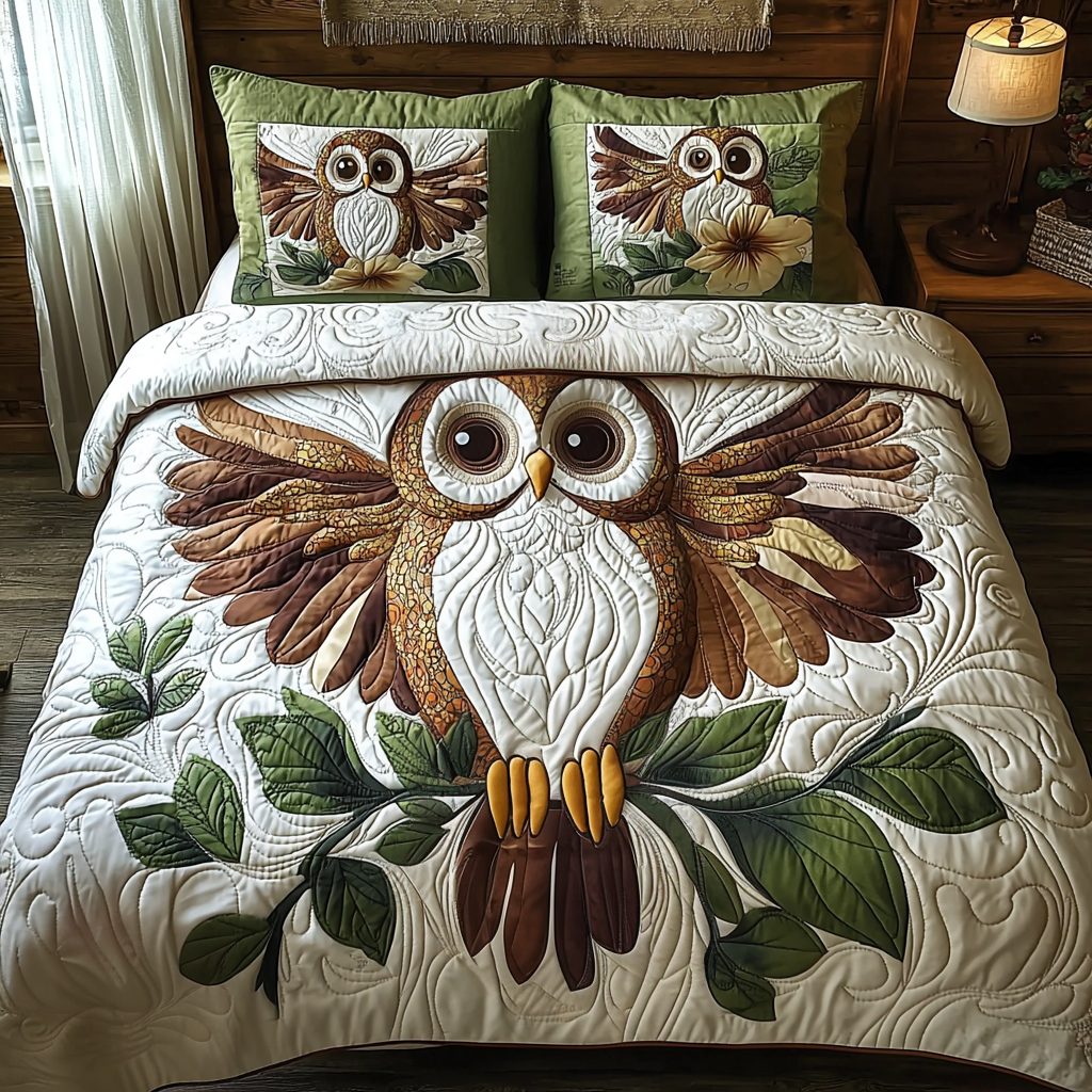 Baby Owl Charm quilted 3-piece bedding set on a made bed with two matching pillow shams