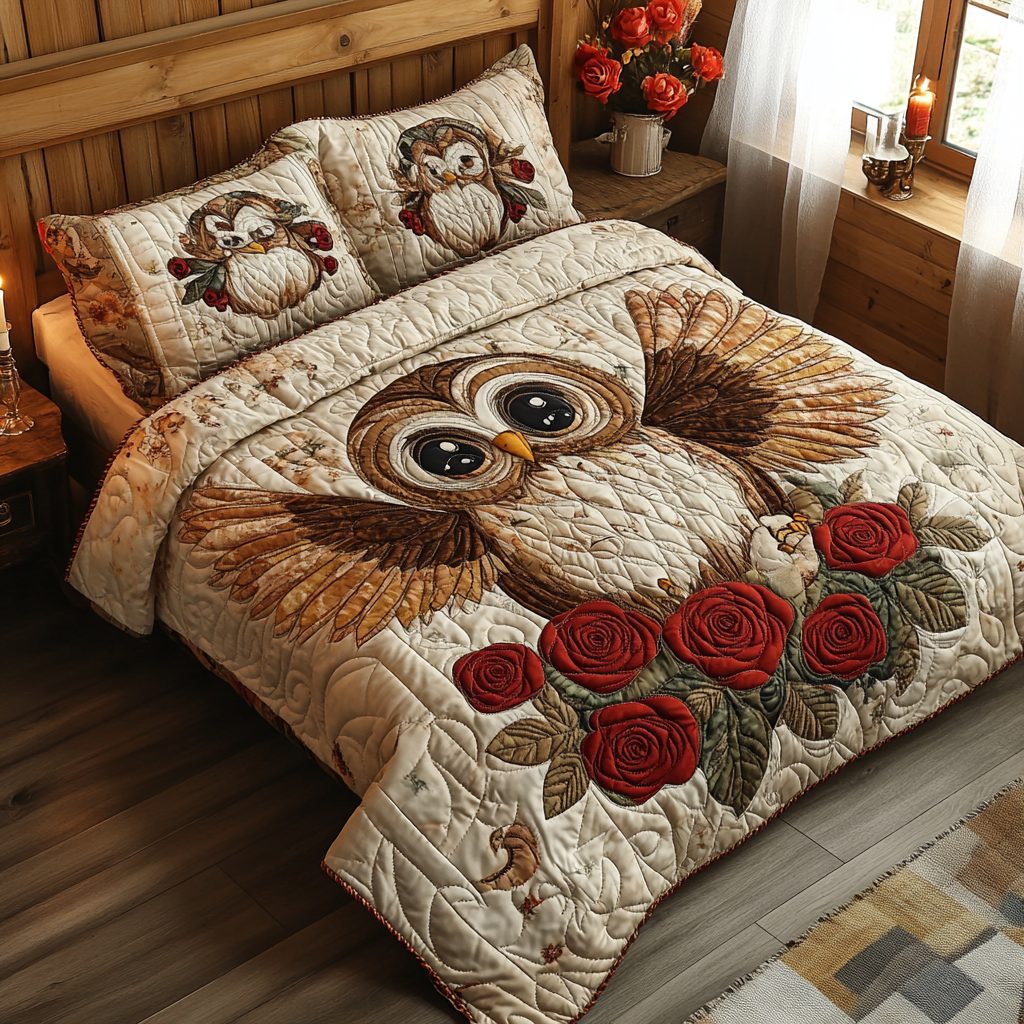 Baby Owl with Rose quilted 3-piece bedding set on a made bed with two matching pillow shams