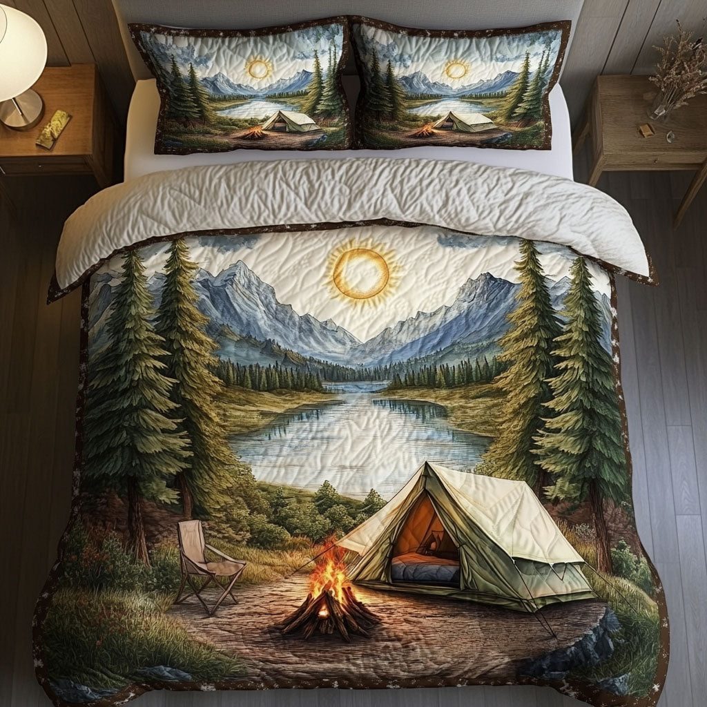 Backcountry Bliss quilted 3-piece bedding set on a made bed in a farmhouse bedroom