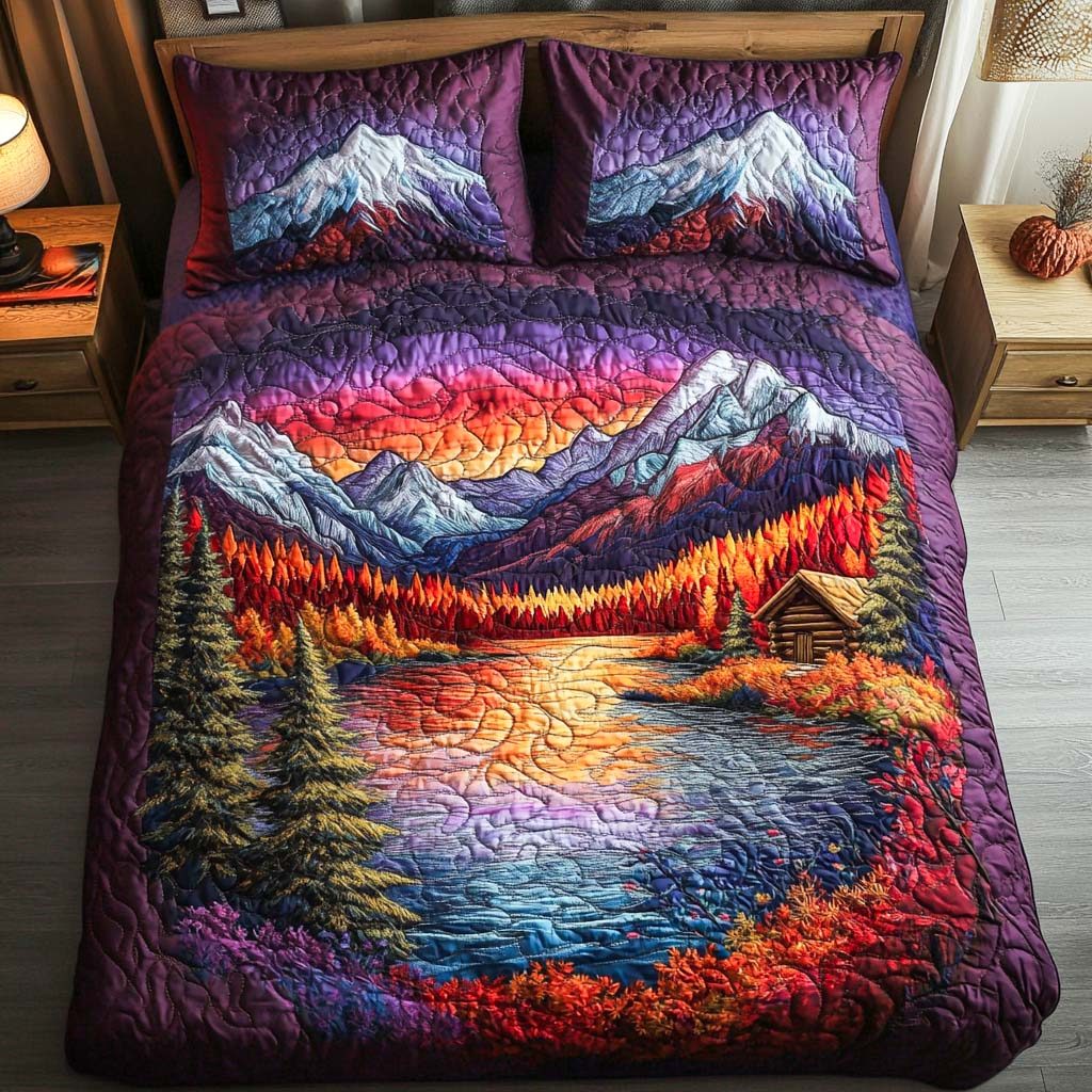 Backwoods Bliss quilted 3-piece bedding set on a made bed with two matching pillow shams