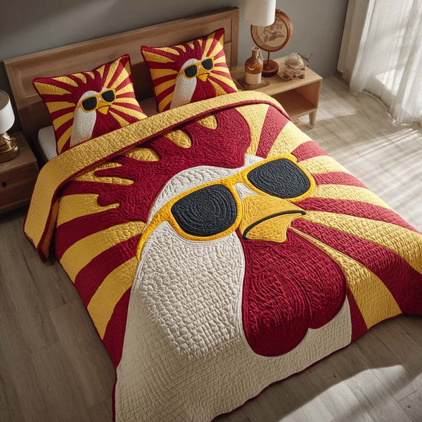 Baddie Clucker quilted 3-piece bedding set on a made bed with two matching pillow shams