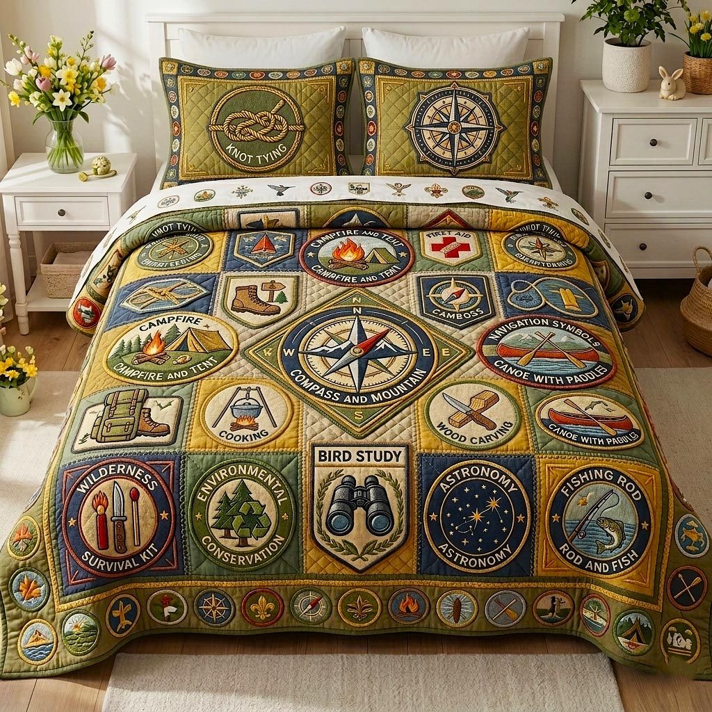 Badge Spirit quilted 3-piece bedding set on a made bed with two matching pillow shams