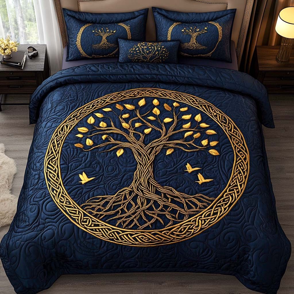 Balance Bloom quilted 3-piece bedding set on a made bed with two matching pillow shams