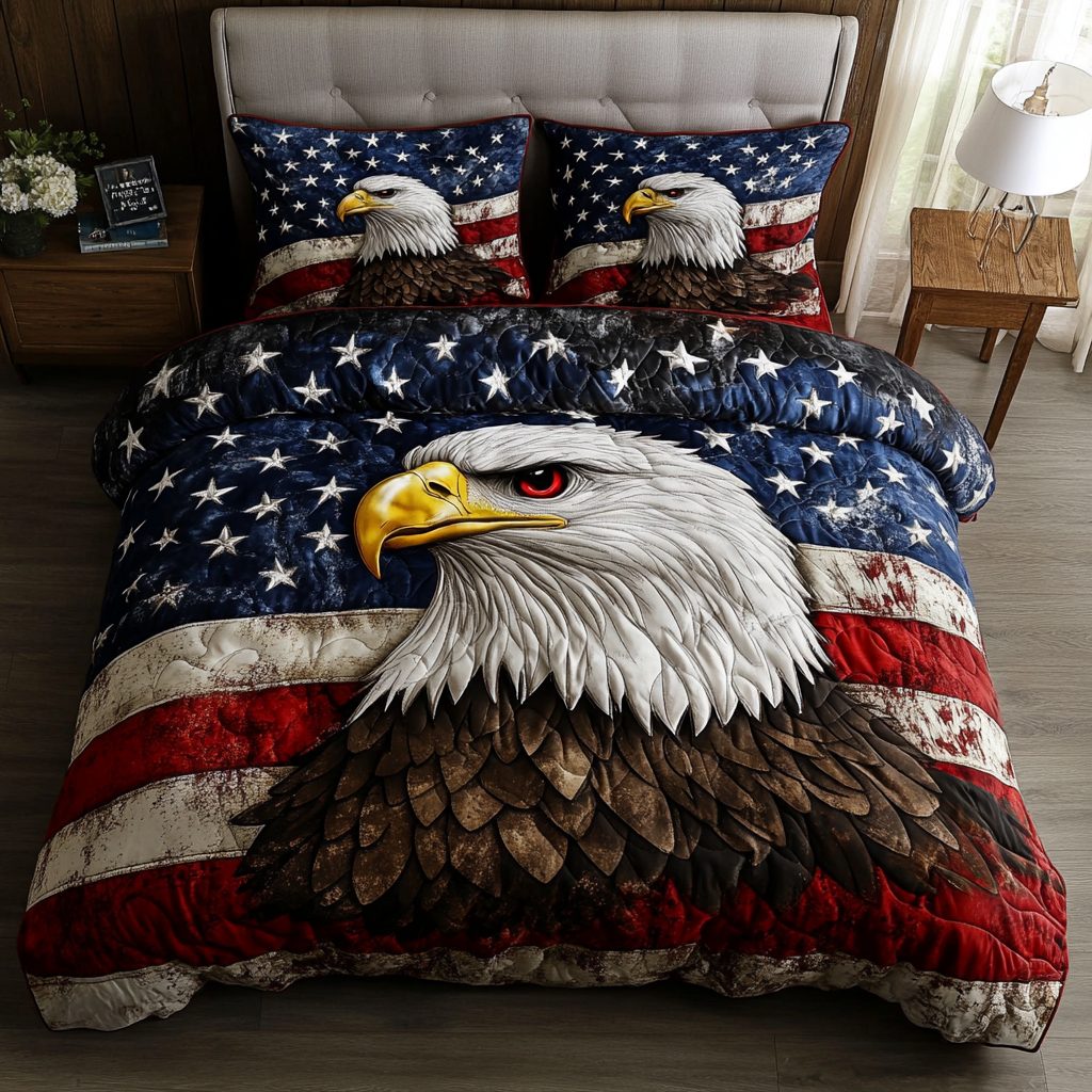 Bald Eagle Flight quilted 3-piece bedding set on a made bed in a warmly lit bedroom
