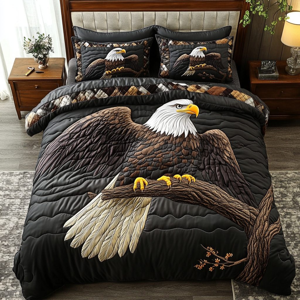 Bald Eagle Freedom quilted 3-piece bedding set on a made bed in a warmly lit bedroom
