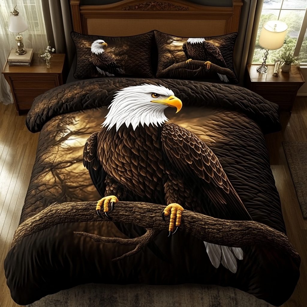 Bald Eagle Horizon quilted 3-piece bedding set on a made bed in a warmly lit bedroom