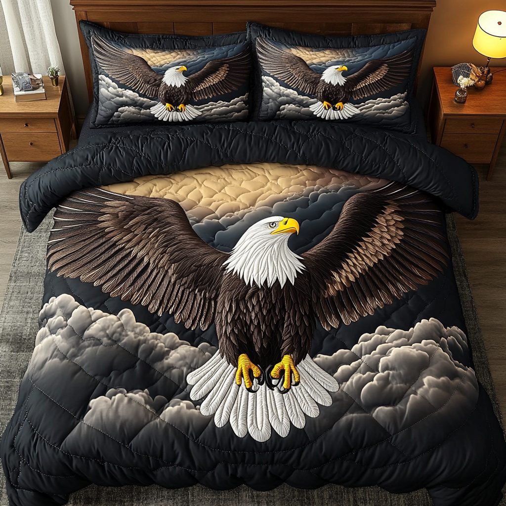 Bald Eagle Pride quilted 3-piece bedding set on a made bed in a warmly lit bedroom