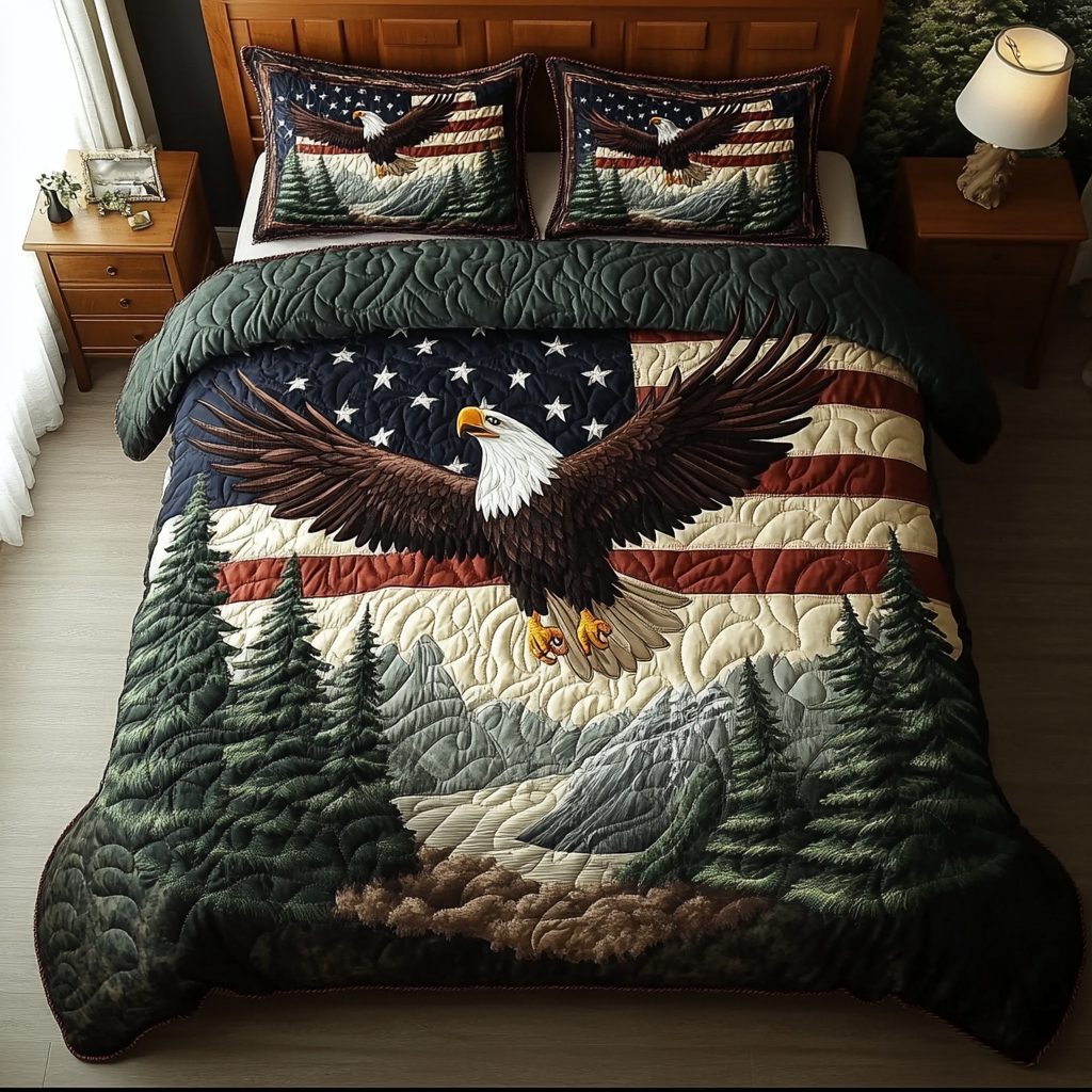 Bald Eagle Wings quilted 3-piece bedding set on a made bed in a warmly lit bedroom