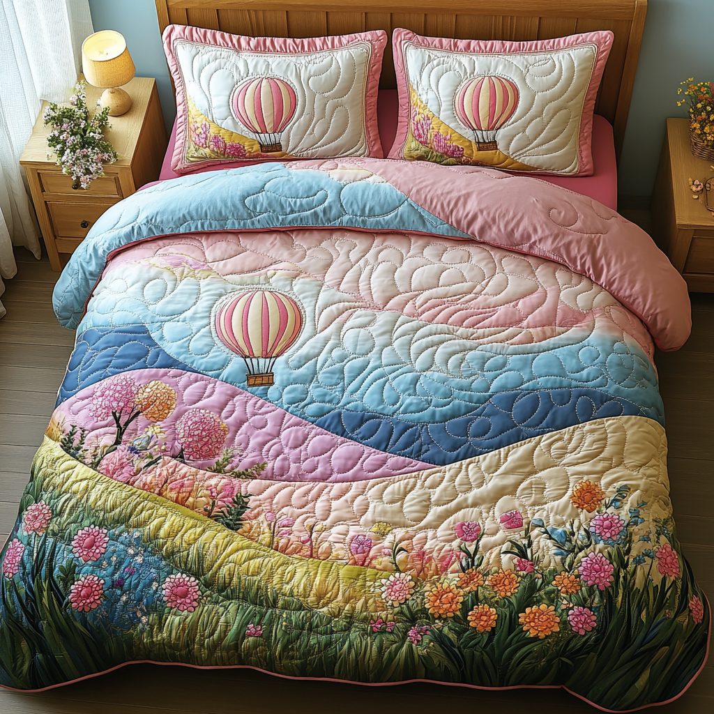 Balloon Odyssey quilted 3-piece bedding set on a made bed with two matching pillow shams