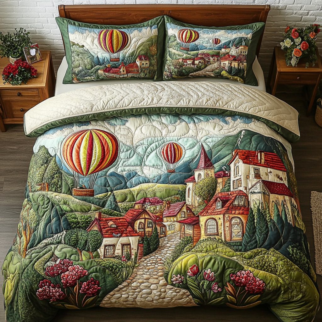 Balloon View quilted 3-piece bedding set on a made bed with two matching pillow shams
