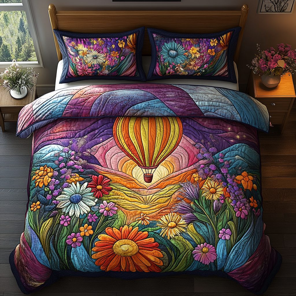 Balloons and Beyond quilted 3-piece bedding set on a made bed with two matching pillow shams