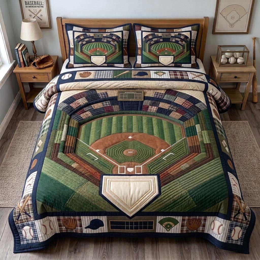 Ballpark Diamond quilted 3-piece bedding set on a made bed with two matching pillow shams