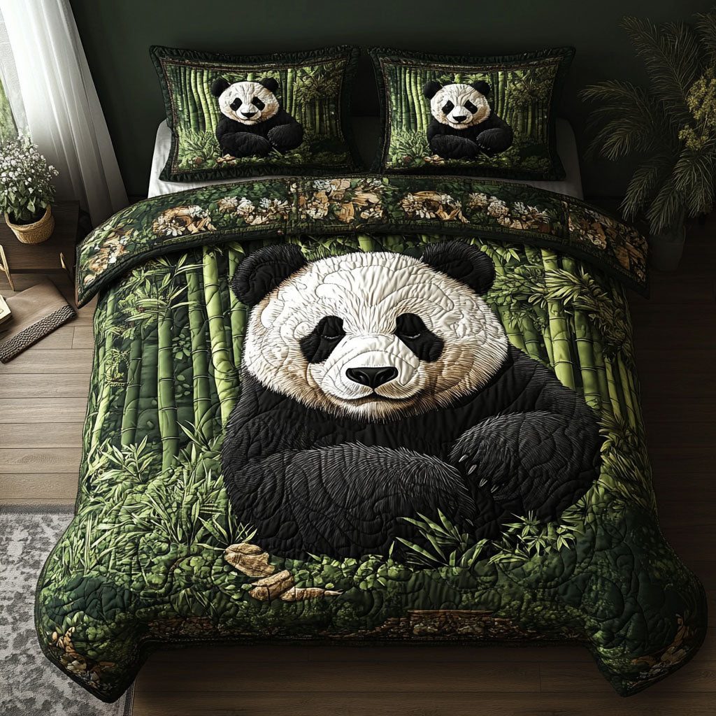 Bamboo Panda Joy quilted 3-piece bedding set on a made bed with two matching pillow shams