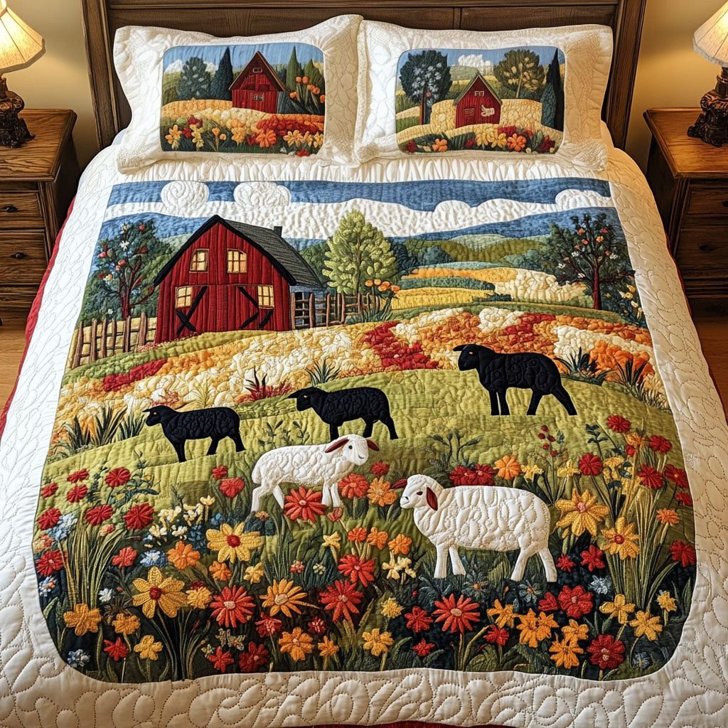 Barn Sheep Meadow quilted 3-piece bedding set on a made bed in a farmhouse bedroom