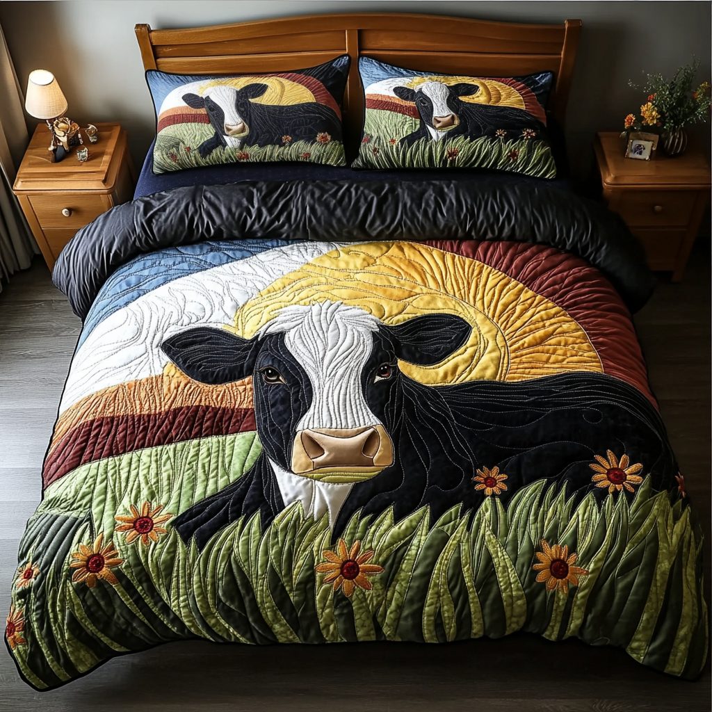 Barnside Rest quilted 3-piece bedding set on a made bed with two matching pillow shams