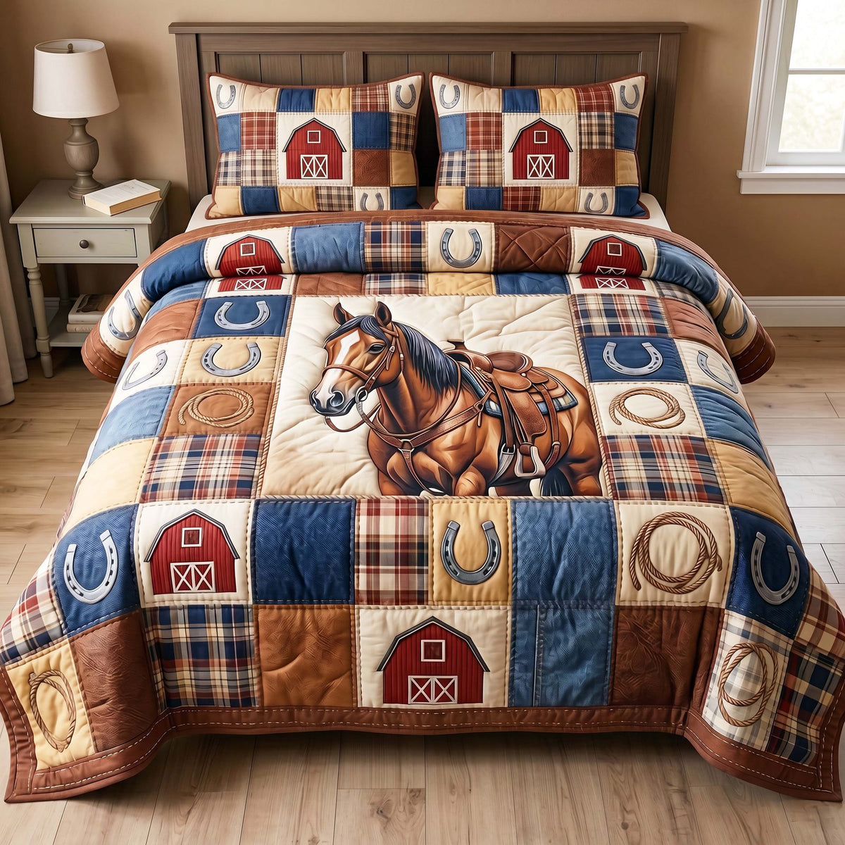 Barnside Rider quilted 3-piece bedding set on a made bed with two matching pillow shams